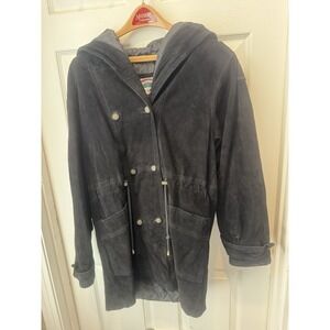 VTG Hooded Suede Leather Black Quilted‎ Zip Pea Coat Women 80s 90s Medium FLAW